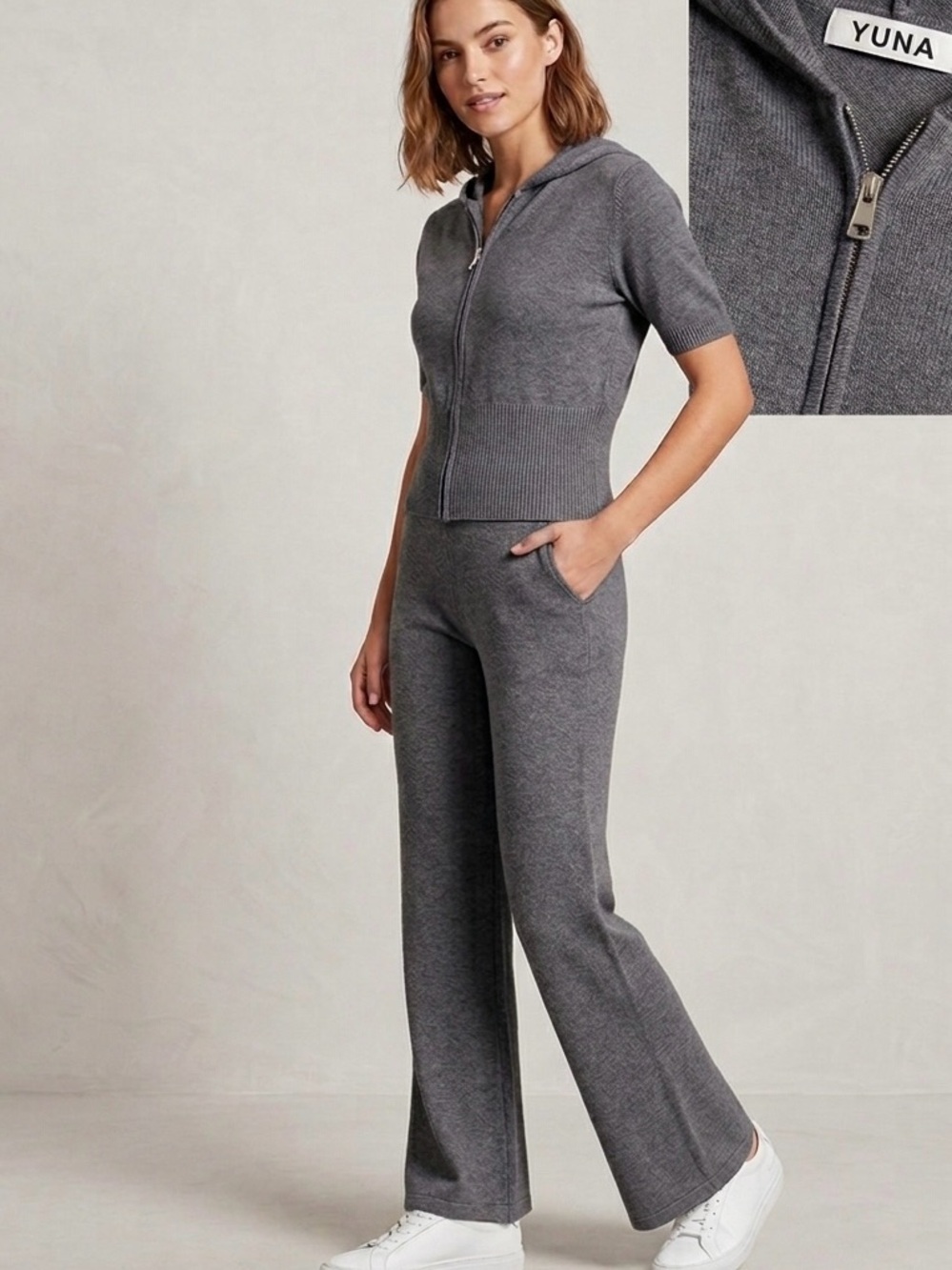 YUNA Knit Short Sleeve Hoodie & Wide Leg Pants Set - NWOT
